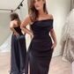 Satin Formal Evening Party Dresses Pleats with Side Train Draped High Slit Prom Dress Elegant Gown Wedding