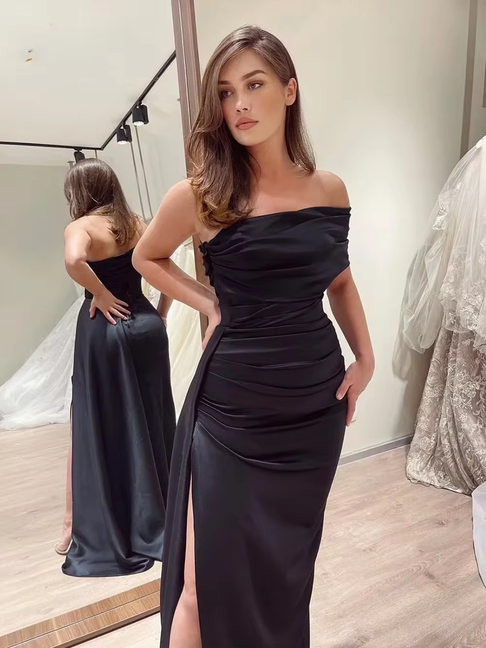 Satin Formal Evening Party Dresses Pleats with Side Train Draped High Slit Prom Dress Elegant Gown Wedding