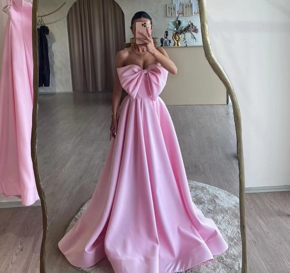 Pink A Line Satin Formal Party Prom Dresses Bow Wedding Gowns Special Occasion Sweep Train Women Evening Dress