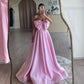 Pink A Line Satin Formal Party Prom Dresses Bow Wedding Gowns Special Occasion Sweep Train Women Evening Dress