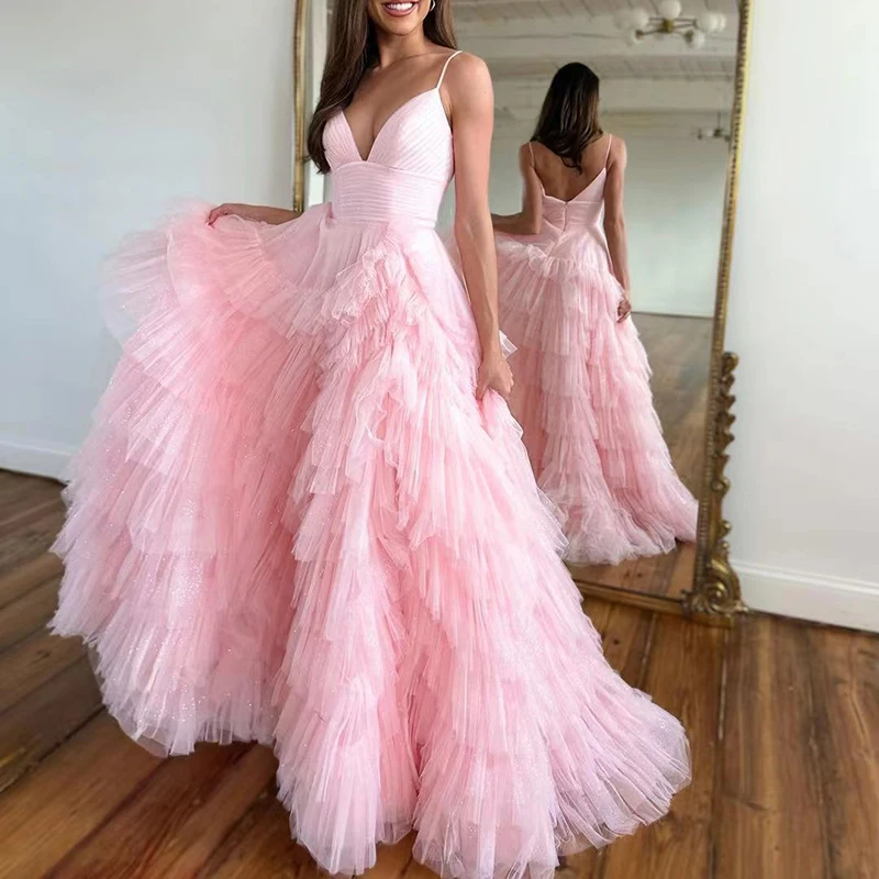 Elegant Ball Gown Beautiful V-Neck Sleeveless Sweep / Brush Train Tulle with Ruffles Woman Formal Evening Party Prom Dresses