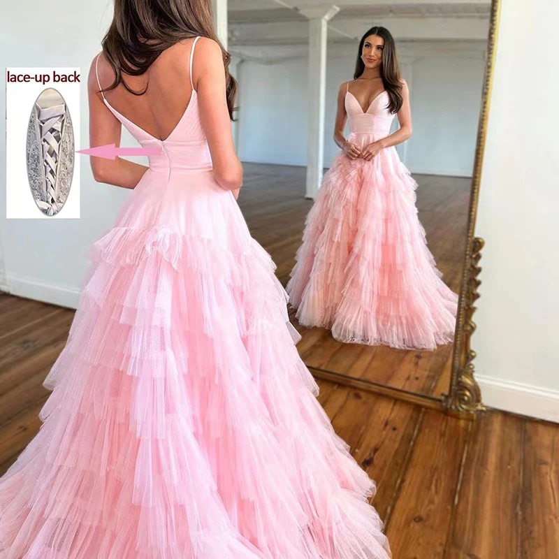 Elegant Ball Gown Beautiful V-Neck Sleeveless Sweep / Brush Train Tulle with Ruffles Woman Formal Evening Party Prom Dresses