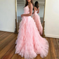 Elegant Ball Gown Beautiful V-Neck Sleeveless Sweep / Brush Train Tulle with Ruffles Woman Formal Evening Party Prom Dresses