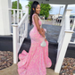 Pink Exquisite Mermaid Bride Dresses V-Neck Paillette Draped Pleat Crystal Sleeveless Open Back Prom Dress Robe de soirée