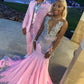 Luxury Pink African Mermaid Prom Dress Crystals Sequins Beading For Black Girls Evening Party Gown Robe De Soiree