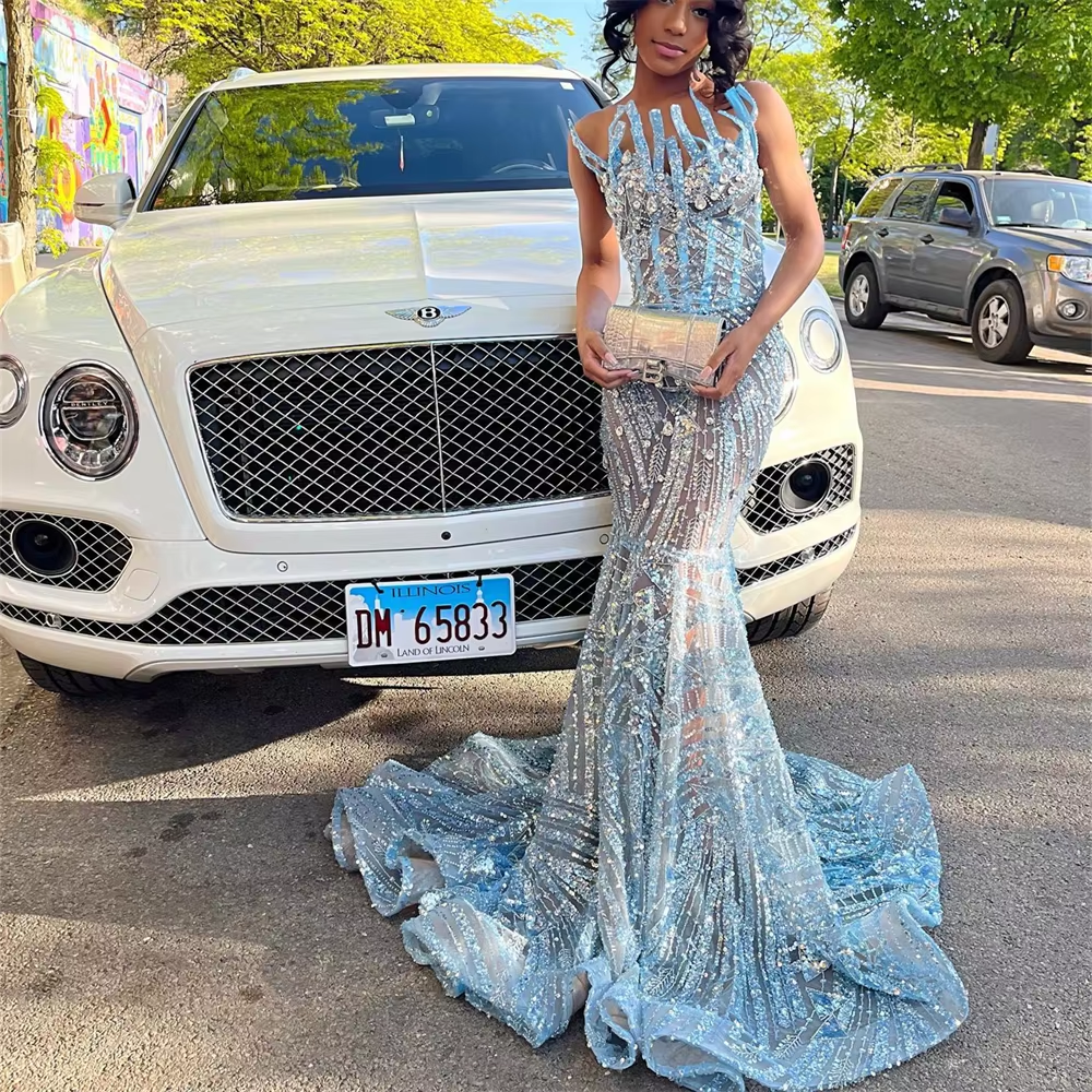 Sexy Beaded Sky Blue Prom Dress Strapless Illusion See Through Evening Gown With Crystals Mermaid Women Formal Occasion Dresses