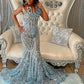 Sexy Beaded Sky Blue Prom Dress Strapless Illusion See Through Evening Gown With Crystals Mermaid Women Formal Occasion Dresses