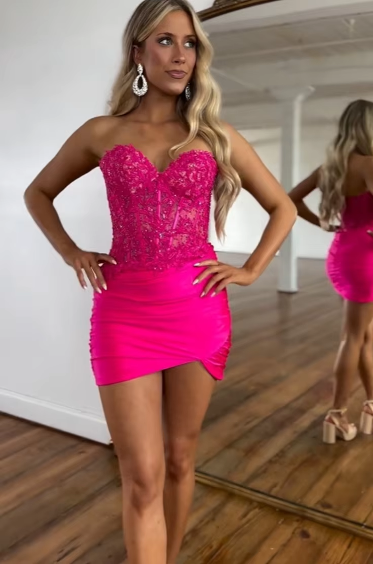 Short Sheath Homecoming Dresses Hot Pink Sweetheart Lace Appliques Corset Graduation Short Prom Dresses