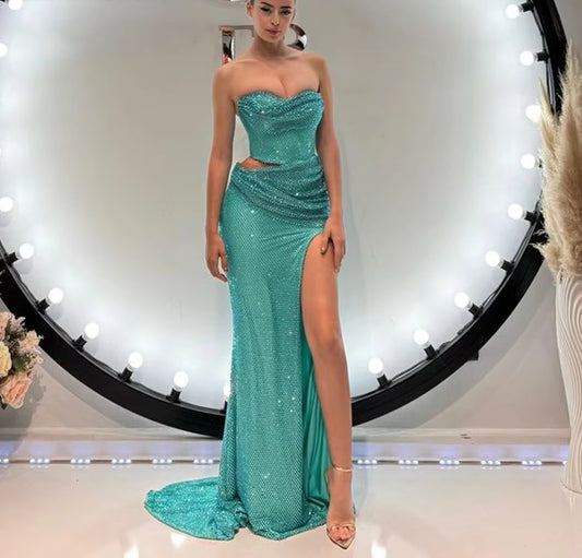 Stylish Mermaid Occasion Dresses For Women Sequin Slit Pleated Sleeveless Prom Gowns Robes De Soiree