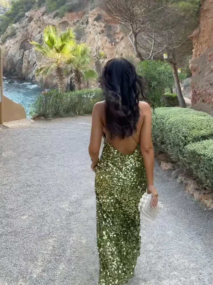 Women's Green Sequin Backless Sling Dress Sexy Sleeveless Off Shoulder Slim Vestidos Elegant Female Evening Party Long Robes