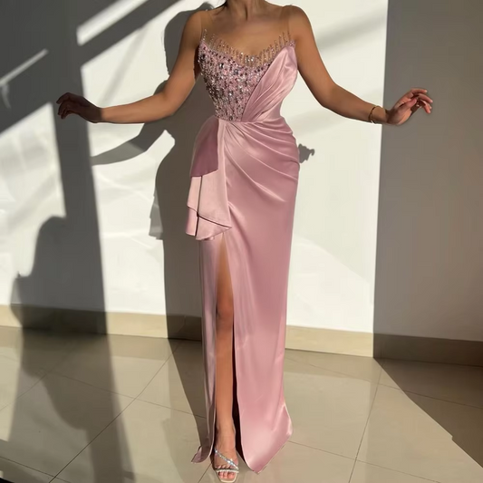 Pink Evening Dresses Long Luxury Sleeveless Side Split Sexy Women Prom Gowns O-Neck Bead Mermaid Elegant Formal Party Dress