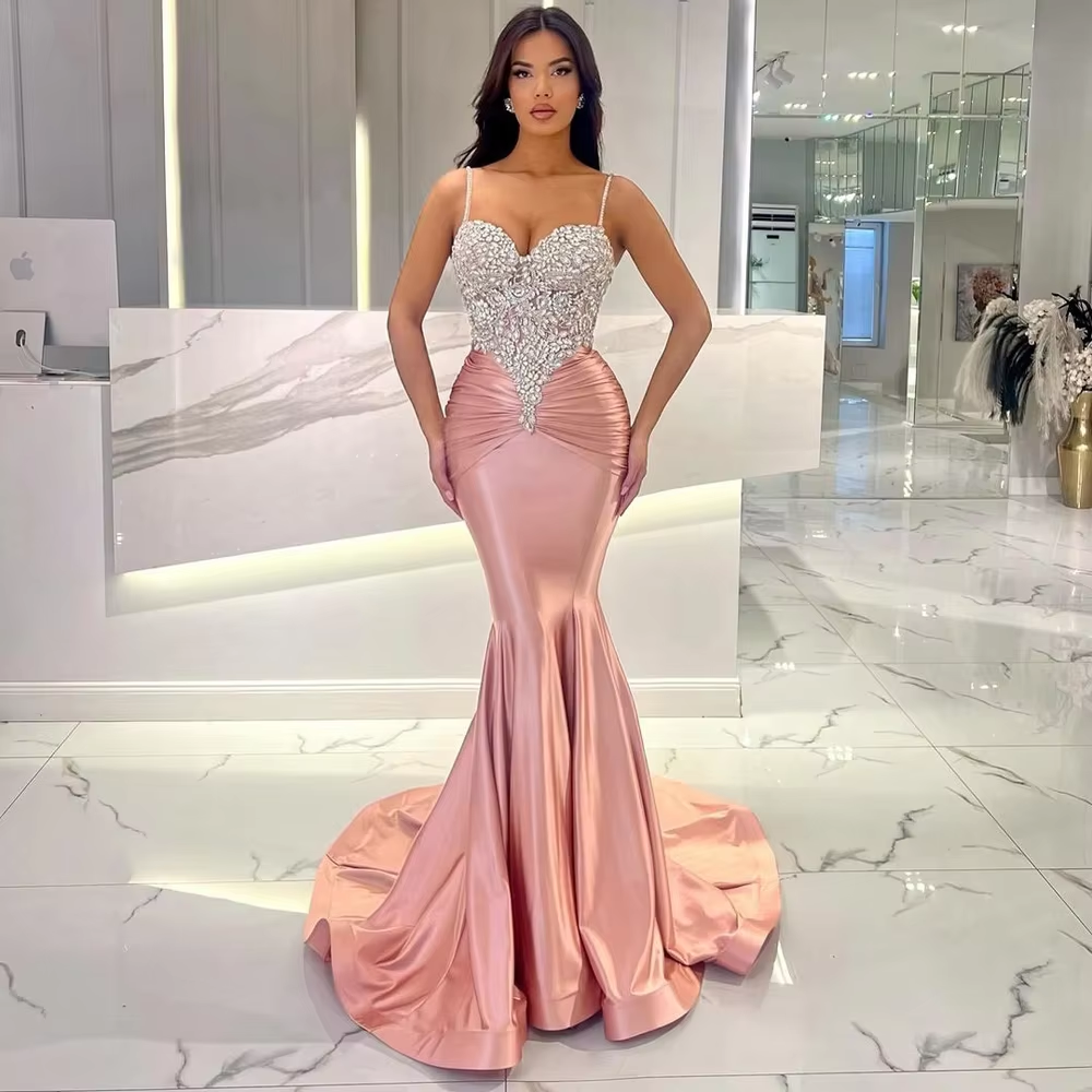 Elegant Pink Mermaid Prom Dresses Custom Made 2024 Beaded Spaghetti Strap Formal Occasion Dress vestidos de fiesta فساتين طويلة