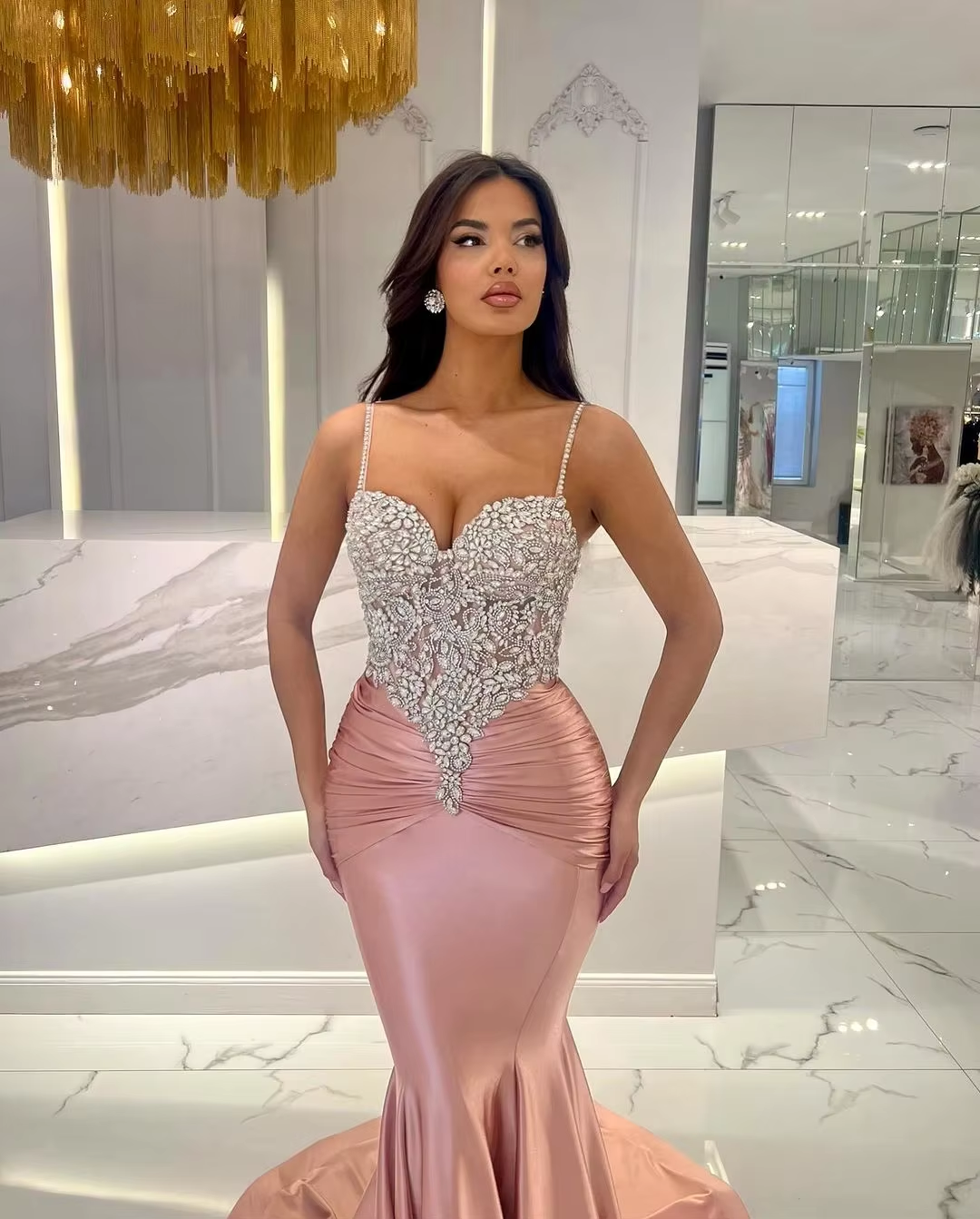 Elegant Pink Mermaid Prom Dresses Custom Made 2024 Beaded Spaghetti Strap Formal Occasion Dress vestidos de fiesta فساتين طويلة