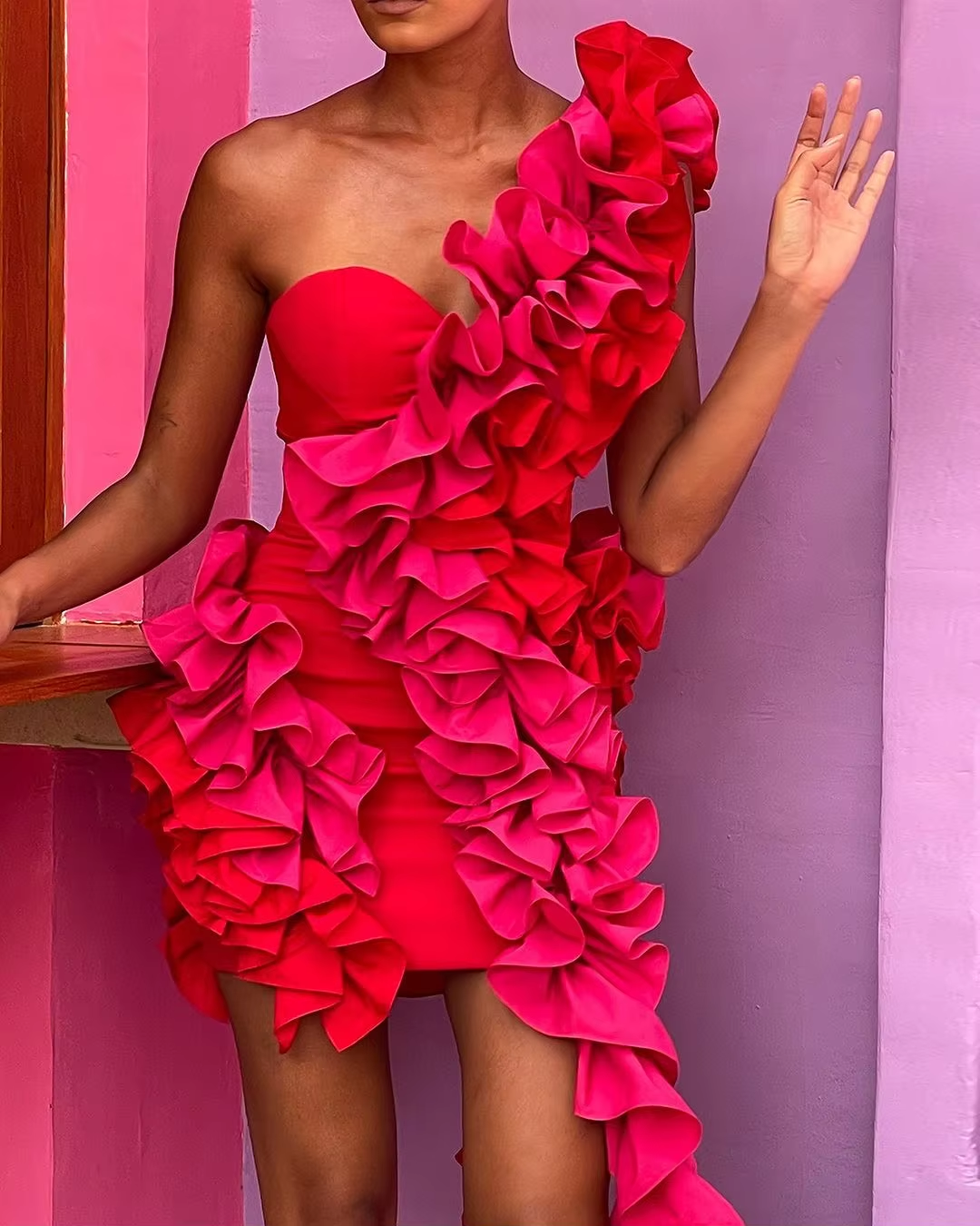 Dream Ruffles Mini Dress One Shoulder Strips Short Prom Party Dresses 2024 فساتين طويلة Red Fuchsia Birthday Dress