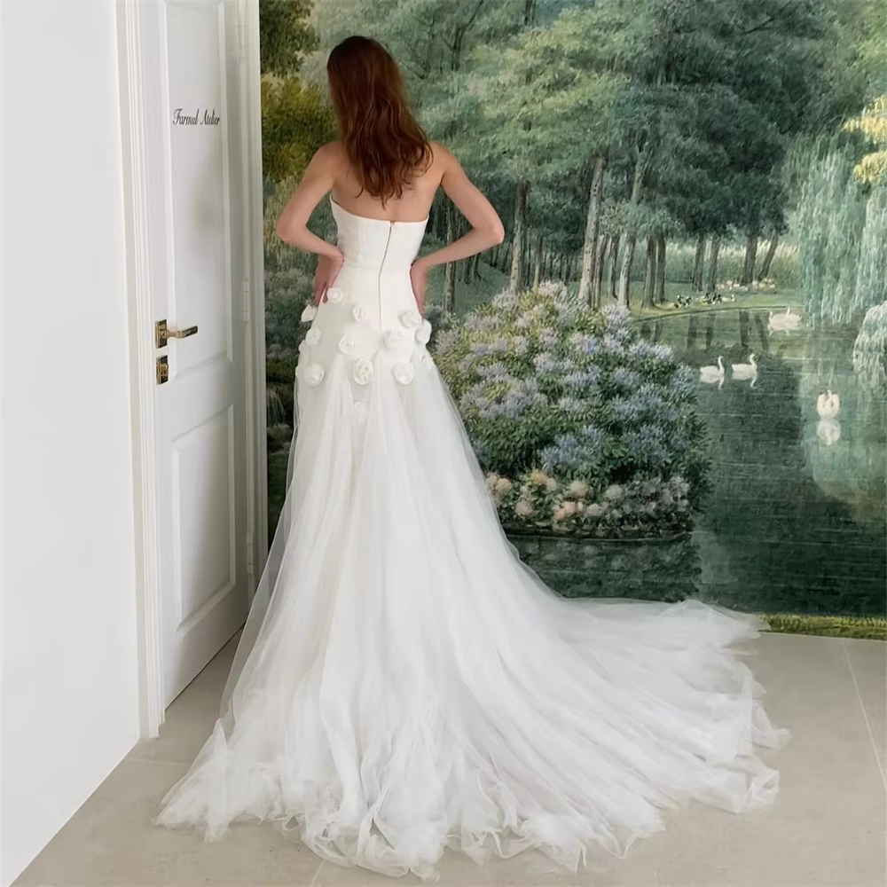 Romantic Strapless 3D Flowers Wedding Dress For Bride Stunning Engagement Party Evening Gown With Side High Split