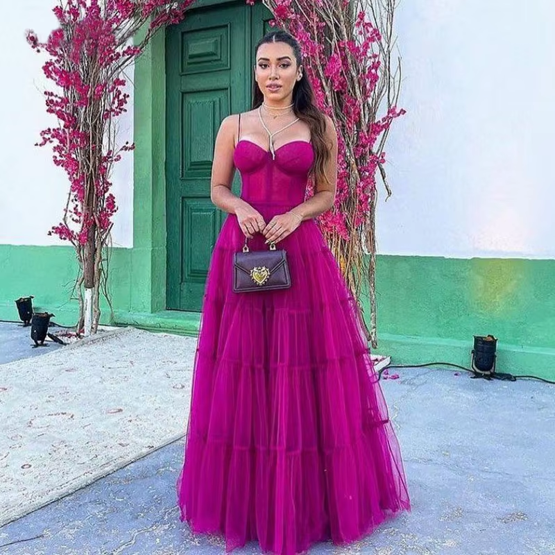 Fuchsia Long Prom Dresses Newest Tiered Tulle Formal Evening Dress Princess Women Wedding Party Gowns