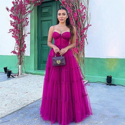 Fuchsia Long Prom Dresses Newest Tiered Tulle Formal Evening Dress Princess Women Wedding Party Gowns