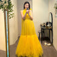 Simple Yellow Gold Tulle Prom Dresses For Korea Lady Halter A Line Formal Party Gowns Evening Dress Wedding Photo Shoot