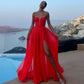 Silk Chiffon Prom Dresses Straplesses Red High Leg Slit Floor Length Vestidos De Noche Long Party Dresses Customized