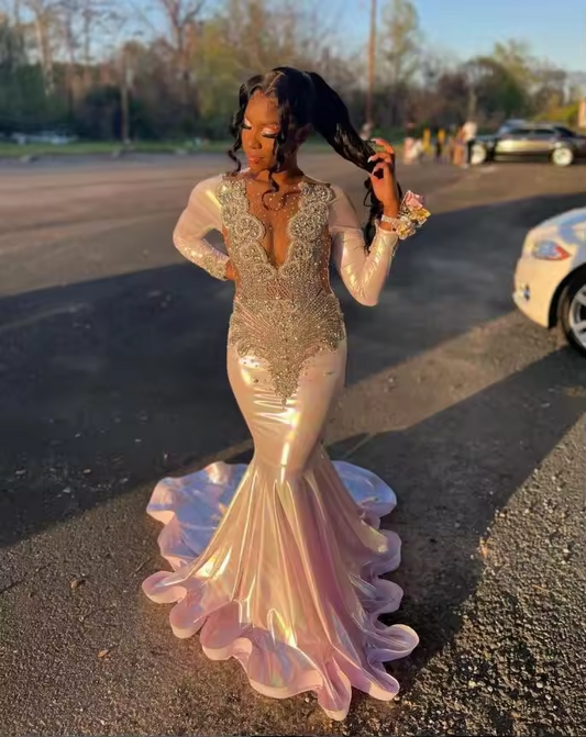 Gillter White Mermaid Prom Dresses customsized For Black Girls Luxury Beaded Sheer Neck Birthday Party Dress Evening Dress