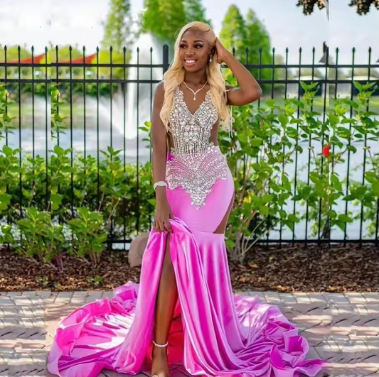 Fuchsia Pink Velvet Mermaid Prom Dresses African Women Glitter Crystals Beads Black Girls Long aso ebi Evening Occasion Gowns