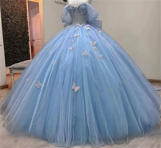 Princess Sky Blue Quinceanera Dress With Bow Bead Butterfly Appliques Sweet 16 Birthday Dress Luxury Ball Gown Customized