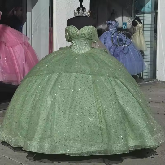 Mint Green Quinceanera Dresses Big Bow Shiny Beads Crystal Princess Dress vestidos 15 de Anos Ball Gowns Customized