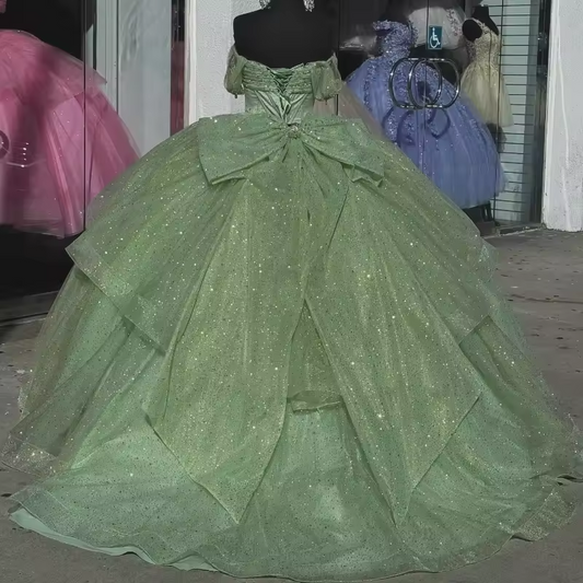 Mint Green Quinceanera Dresses Big Bow Shiny Beads Crystal Princess Dress vestidos 15 de Anos Ball Gowns Customized