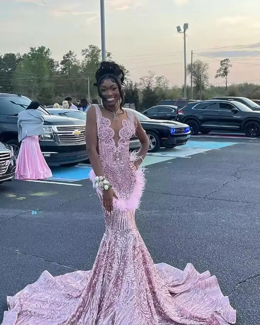 Pink Prom Dresses For Black Girls Two Pieces Sequined Beads African Women Mermaid Party Gowns Vestidos De Festa