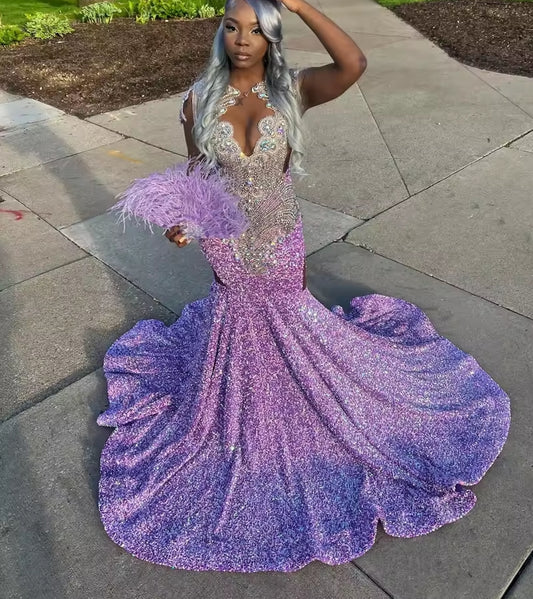 Purple O Neck Long Prom Dress For Black Girls Beaded Crystal Birthday Party Gowns Sequined Evening Dresses Mermaid Customized