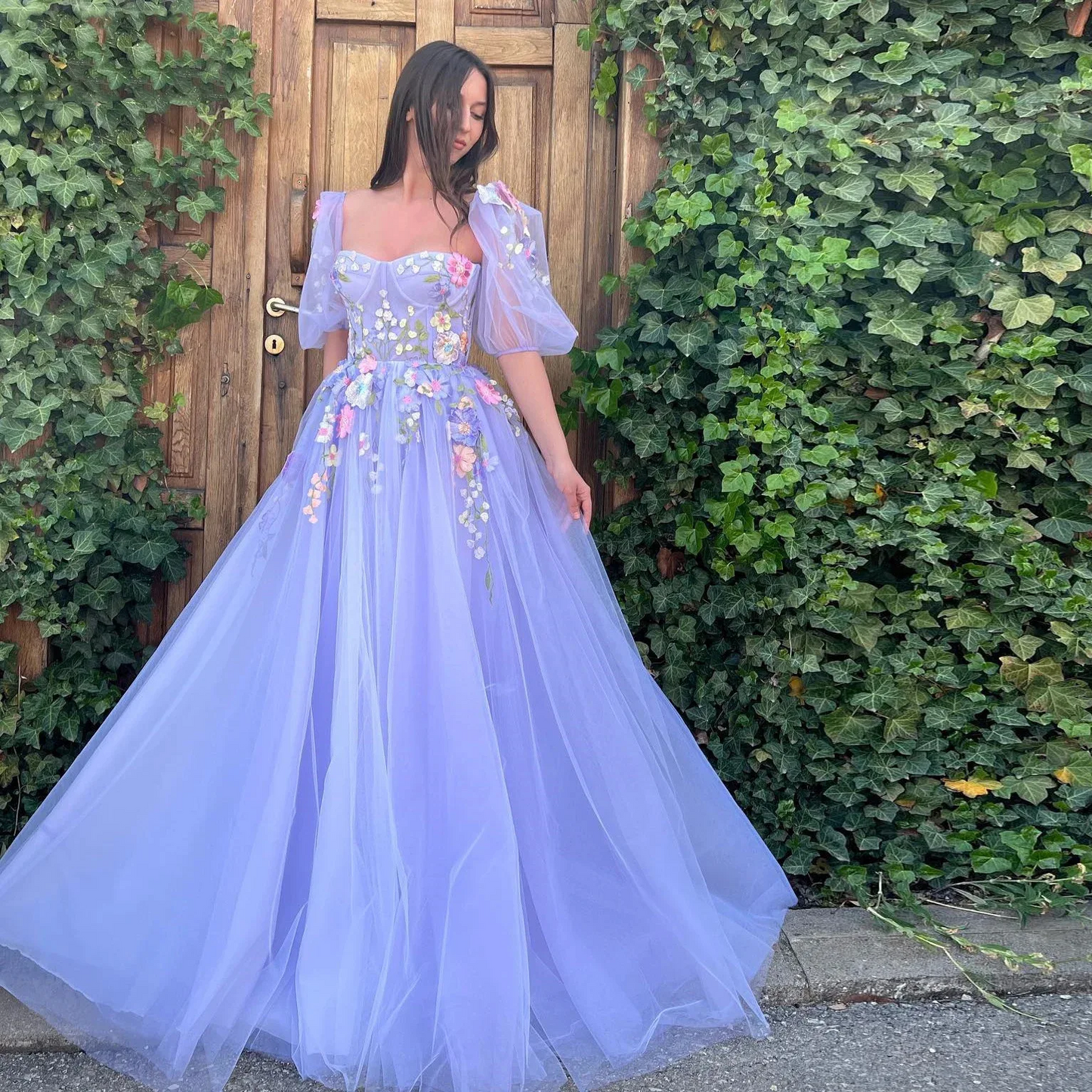 Puffy Sleeves Long Evening Party Gowns Vestidos De Festa Fashion 3D Flower Formal Prom Dresses Customized