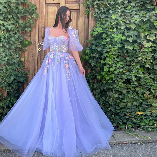 Puffy Sleeves Long Evening Party Gowns Vestidos De Festa Fashion 3D Flower Formal Prom Dresses Customized