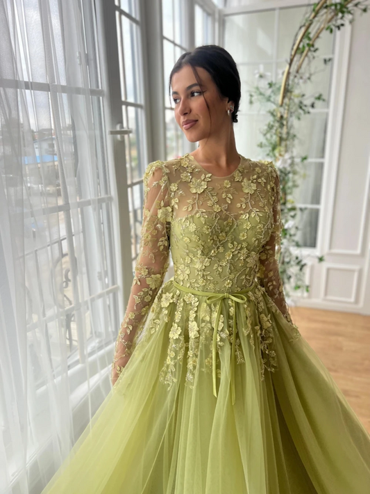 Olive Green A-line Tulle Long Evening Dress For Women Shiny Lace Appliques Wedding Party Gown Customized Beaded Prom Dresses