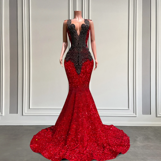 Luxurious Red Sequins Mermaid Prom Gown with Black Rhinestone Beads Long Black Girls Senior Prom Dresses 2025 Customized