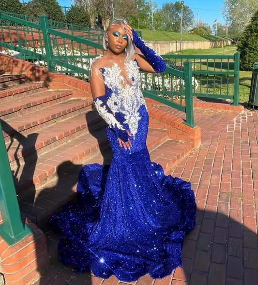 Customized Royal Blue Sequins Mermaid Prom Dress Long Sleeve For Black Girls Rhinestone Beaded Birthday Gala Gown