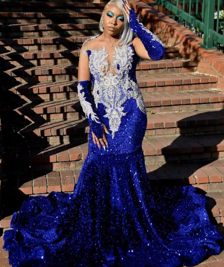 Customized Royal Blue Sequins Mermaid Prom Dress Long Sleeve For Black Girls Rhinestone Beaded Birthday Gala Gown