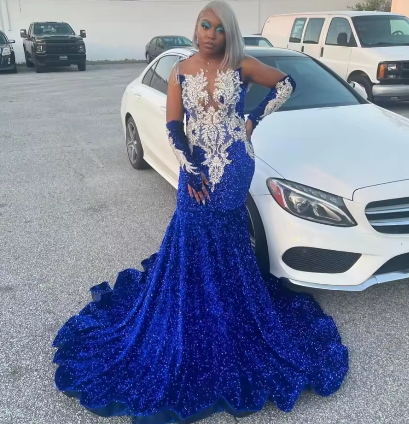 Customized Royal Blue Sequins Mermaid Prom Dress Long Sleeve For Black Girls Rhinestone Beaded Birthday Gala Gown