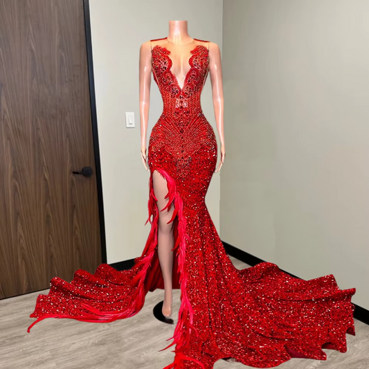 Red Diamonds Prom Dresses Mermaid Style Rhinestones Crystals Feathers Sequin Gown Prom Party Wedding Gowns Customized