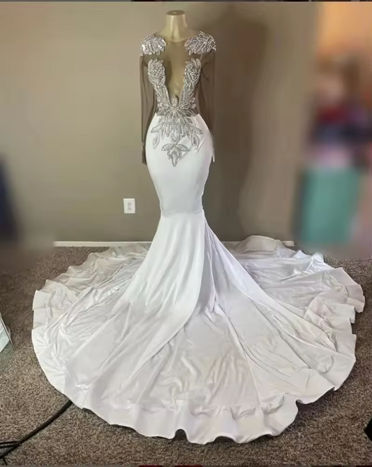 Sheer Luxury Long Prom Dress For Black Girls Mermaid Long Sleeves Beaded Birthday Party Dresses Women Evening Gown Customized