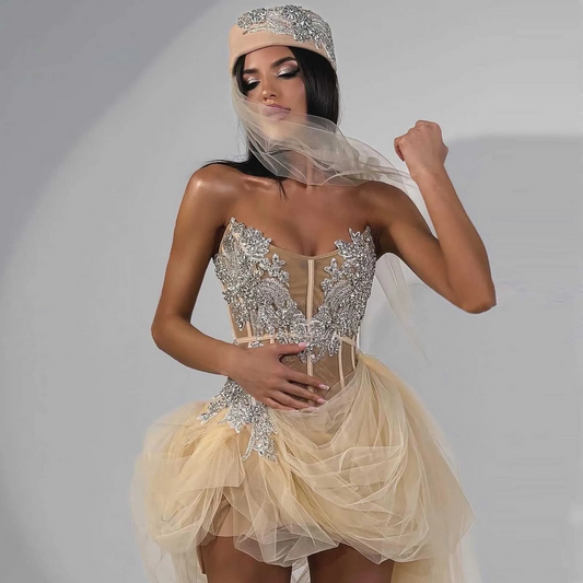Pretty Champagne Short Prom Gown 2025 Party Dresses Beaded Lace Soft Tulle Formal Occasion Dress Custom Party Night Dress Corset