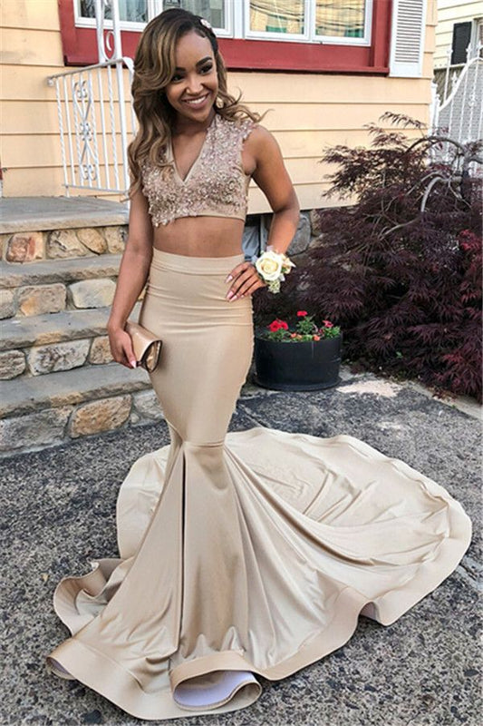 Two Pieces V-Neck Straps Sleeveless Lace Appliques Sexy Mermaid Floor-Length Prom Dresses