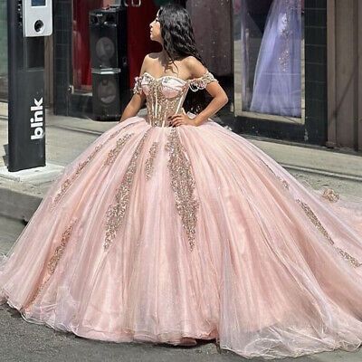 Pink Quinceanera Dresses Off Shoulder Glitter Sweet 16 Princess Party Ball Gowns