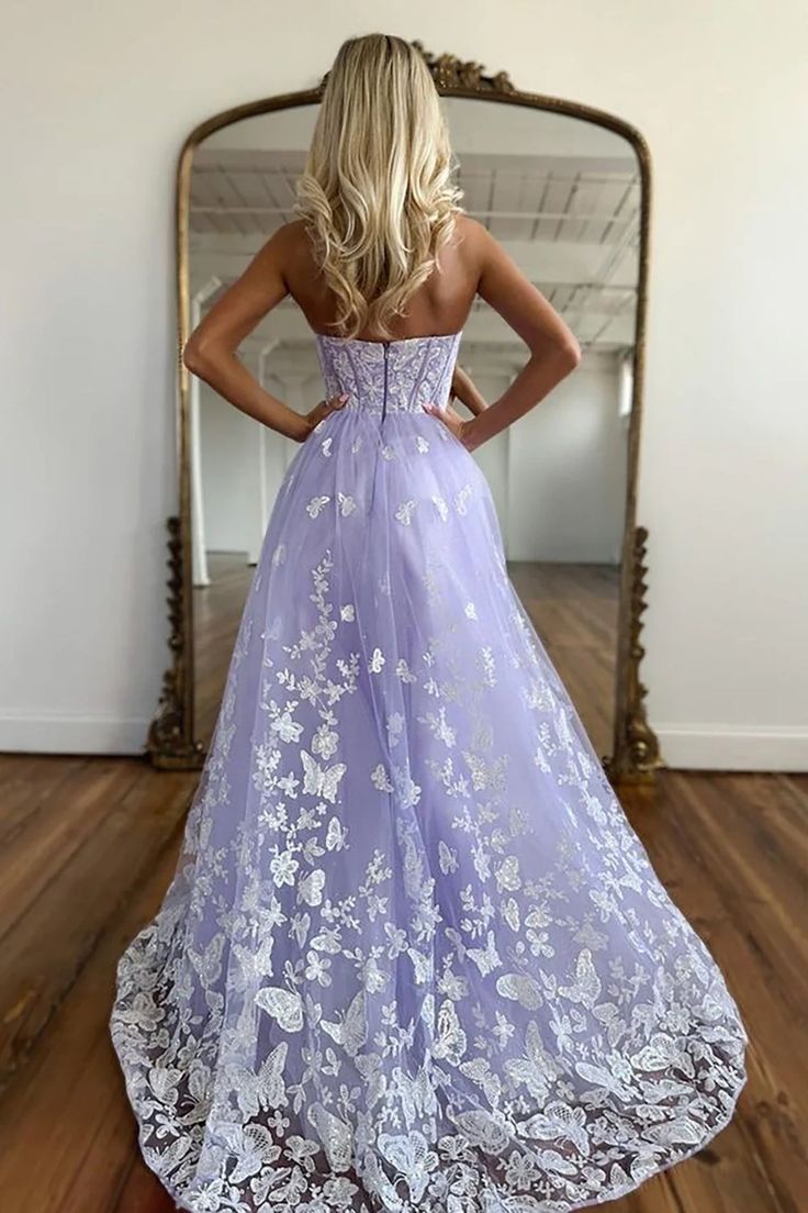 Strapless Purple Lace Long Prom Dress, Sweetheart Neck Purple Formal Dress, Purple Lace Evening Dress