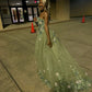 Green Strapless Long Prom Dress with Appliques