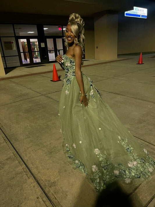 Green Strapless Long Prom Dress with Appliques