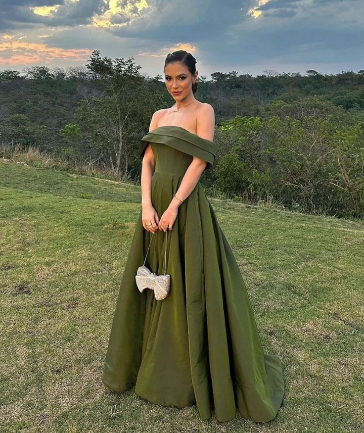 Off Shoulder Green Prom Dress A Line Evening Gown