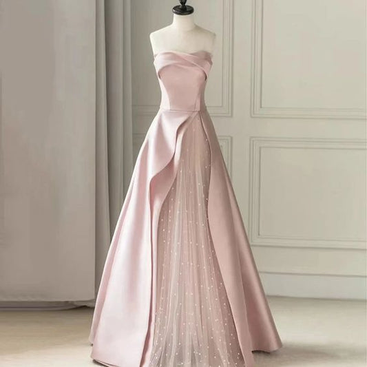 Pink Strapless Evening Dress Celebrity Banquet Party Dress Light Luxury Costume Engagement Dress Pink Patchwork Strapless Gown