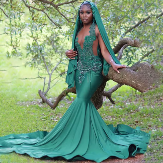 Customized Mermaid Long Evening Party Dresses Flower Crystal Brush Train Sleeveless Prom Dress Rhinestone Formal Robe de soirée
