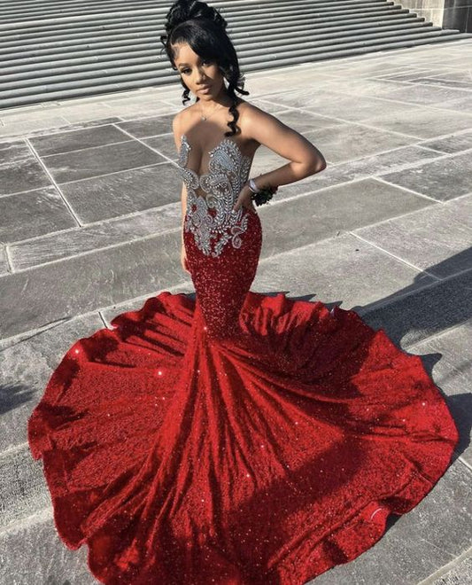 Sparkly Red Sequins Mermaid Prom Dress For Black Girls