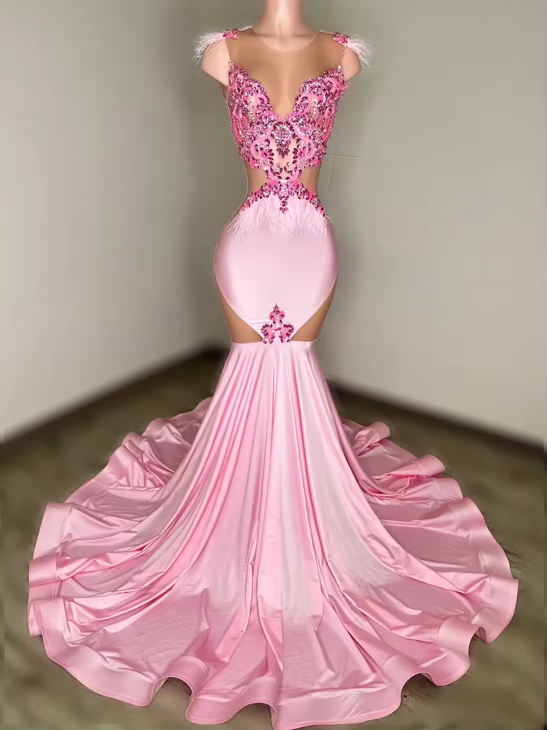 Pink African American Prom Dresses Mermaid Sheer Beaded Feather Black Girls Nigeria Robe De Soiree Evening Gown Customized